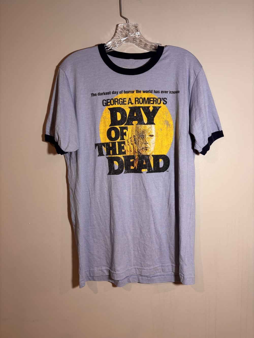 Day of the Dead Graphic Ringer T-Shirt - Light Blue/Black Retro Size L